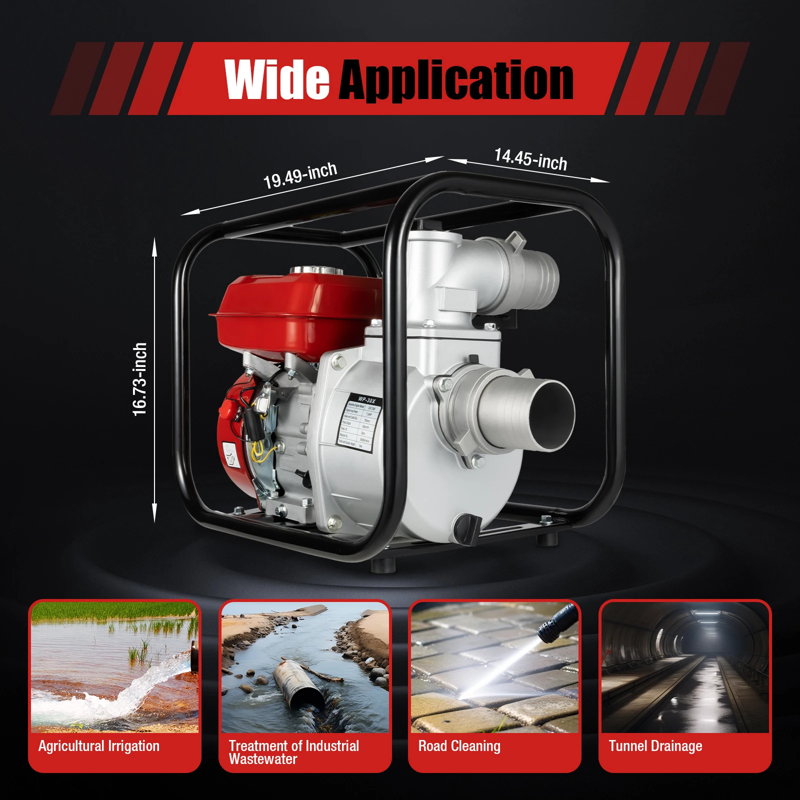 4-stroke Single-cylinder Gasoline Agricultural Water Pump 196cc W/ Forced Air-cooling System for Irrigation & Sewage Discharge