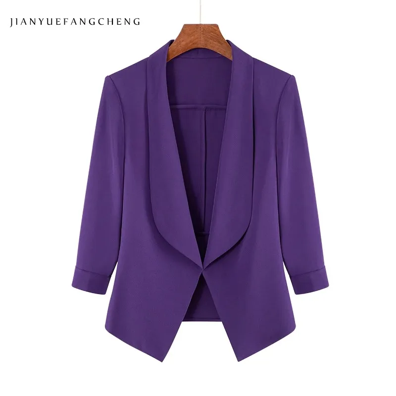 Casacos femininos sem botões roxo casual blazer 3/4 mangas terno colarinho capa casaco