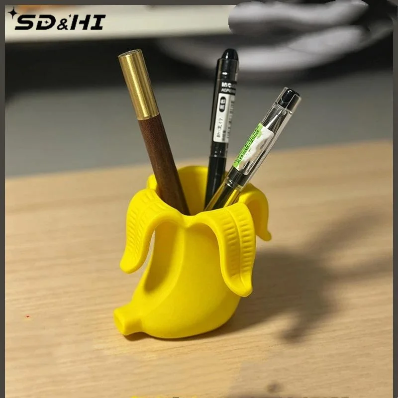 1Pcs Yellow 3D Printed Cute Desk Organizer Banana Shaped Pen Holder For Pens Makeup Brushes