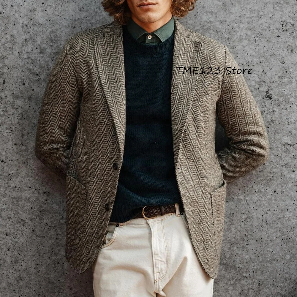

Мужская куртка, модный пиджак, куртки с двумя пуговицами, мужское классическое пальто с квадратными карманами, повседневные мужские пиджаки из ткани «елочка» для мужских костюмов