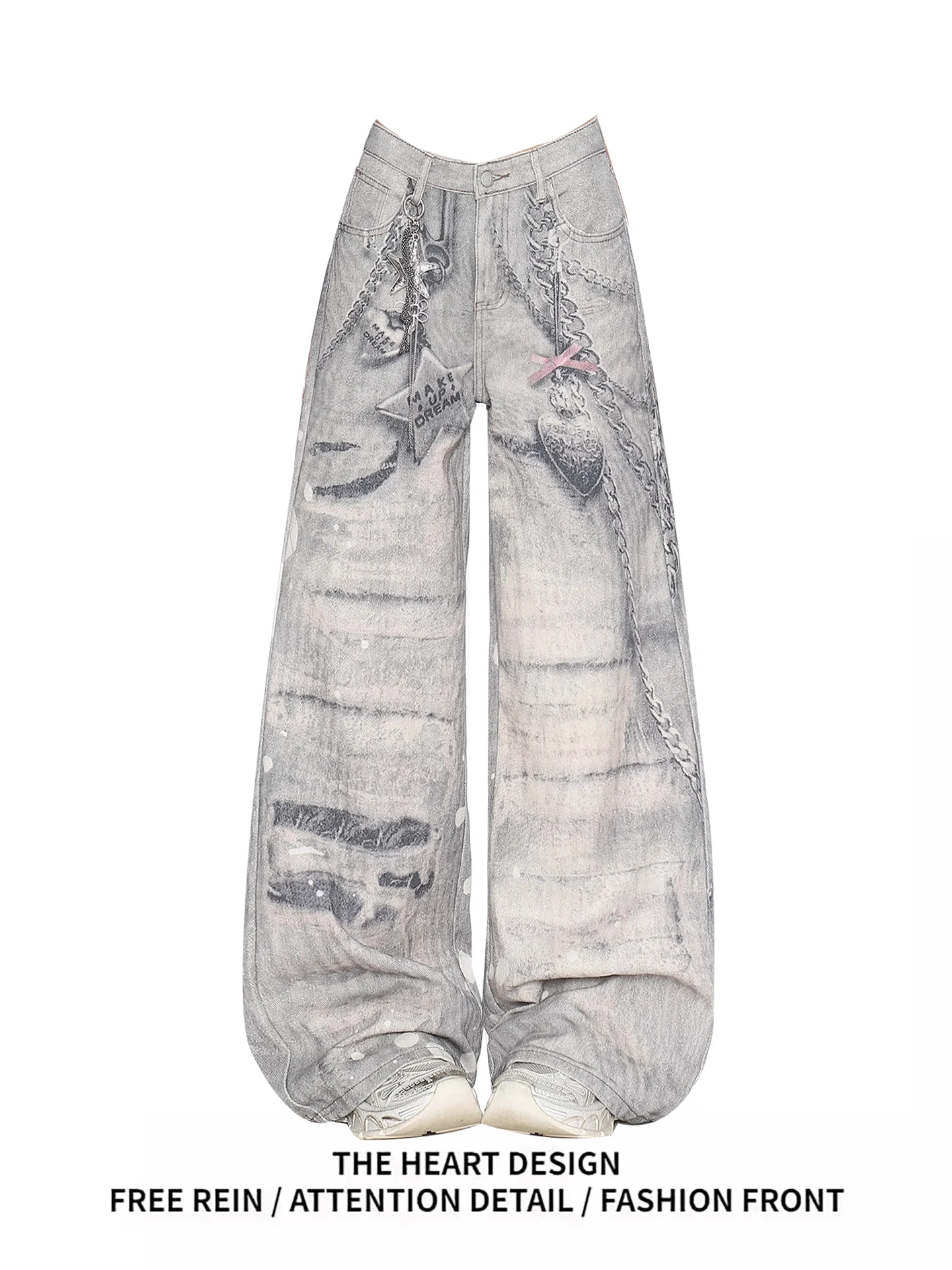 

American Retro Metal Feeling Chain Print Jeans Women's Loose Straight Leg Wide Leg Floor Length Pants High Waist Denim