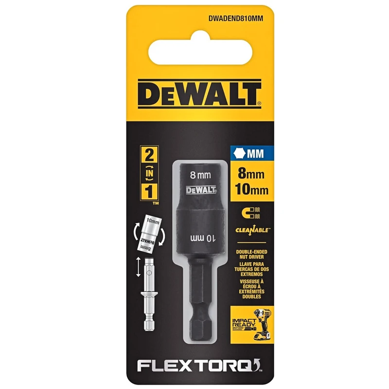 DEWALT DWADEND810MM FLEXTORQ 8mm-10mm 2 in 1 Socket Short Extension Nut Driver Strong Durable Power Tool Attachment