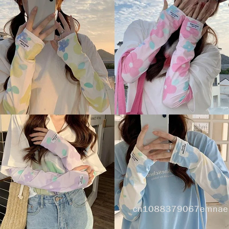 

[ZYAS]Sun UV Protection Arm Sleeves Flower Printed Soft Fabric Ice Silk Cooling Sports Sleeves For Women Girls Outdoor Traveling