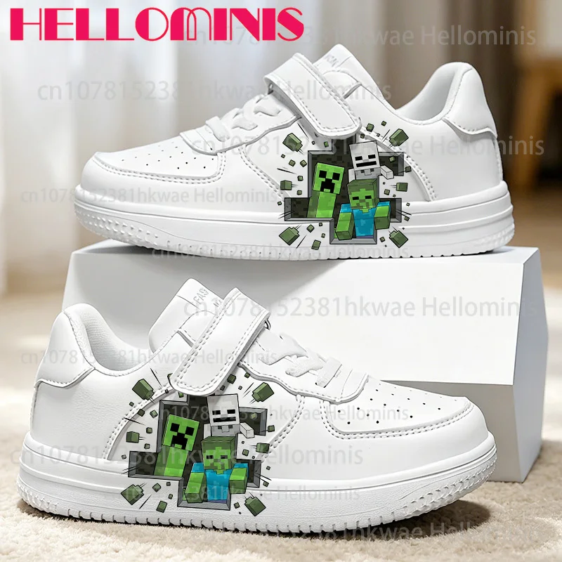 Children White Comfortable Casual Sneakers Block Style Graphic Print Soft Sole Sport Shoes for Little Kids Outdoor Daily