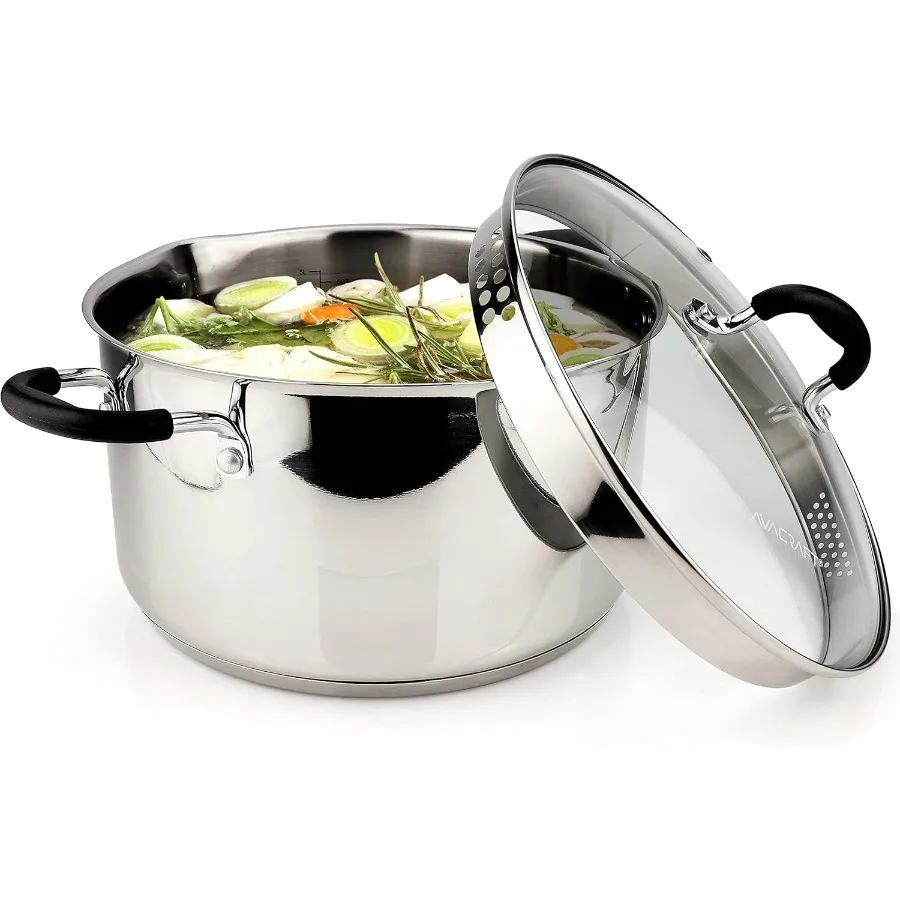 

6 Quart Stainless Steel Stockpot with Glass Strainer Lid for Cooking Soups Sauces and Stocks Features Side Spouts and Multipurp
