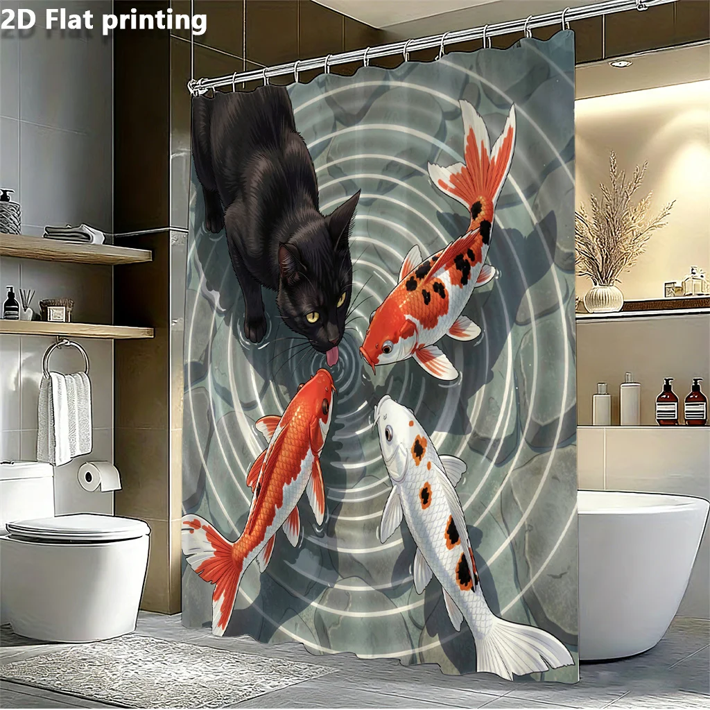 Black Cat & Koi Fish Shower Curtain, Japanese Pond Style Waterproof Bath Curtain, Zen Animal Bathroom Decor for Home