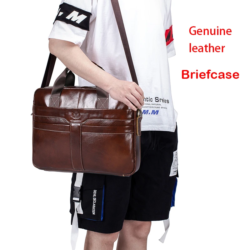 Genuine Leather Briefcase for Man Handbags Computer Laptop Shoulder Business Messenger Crossbody Side First Layer Cowhide Bag