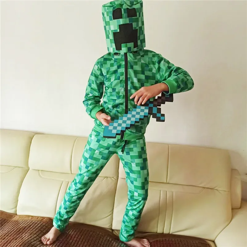 New Sportswear Kids Children Halloween Green Cosplay Costume Funny clothing Birthday Party boys C-Creeper games Set Headgear