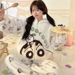 Crayon Shin-chan Women's Pajamas Set Autumn Winter Solid Warm 2PCS Thicken Velvet Pullover and Pants Women Casual Pajama Sets