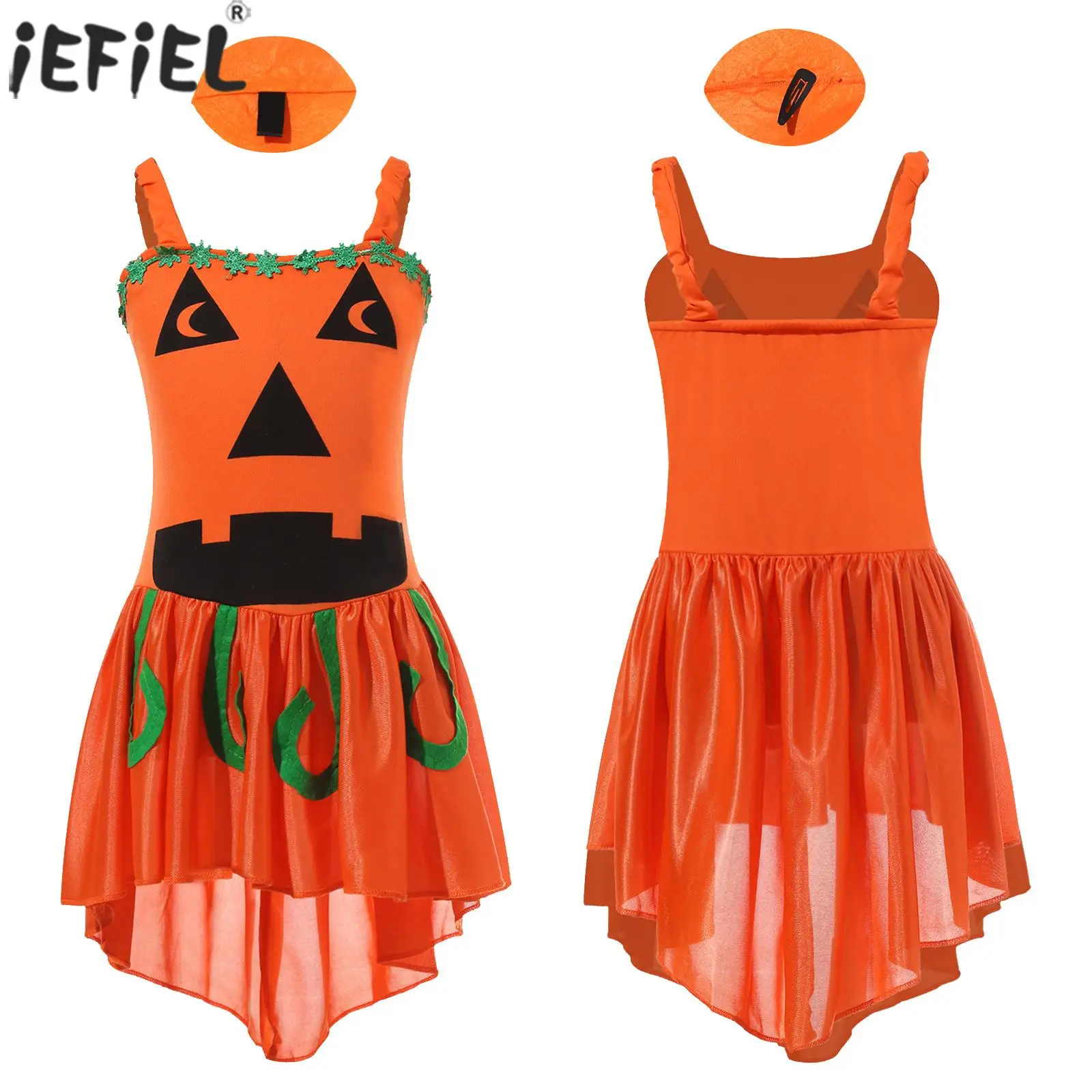 

Halloween Pumpkin Witch Costume Kids Girls Carnival Theme Party Sorceress Cosplay Performance Sleeveless Specter Print Dress