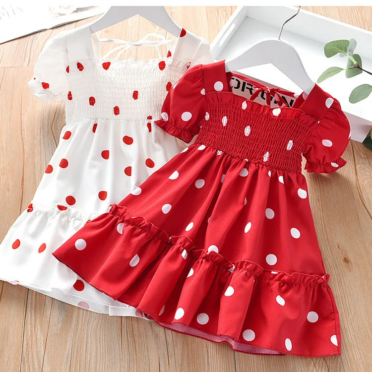 Short-sleeved Dress with a Polka Dot Print for Summer with a Small Square Neckline for Small Children and Girls