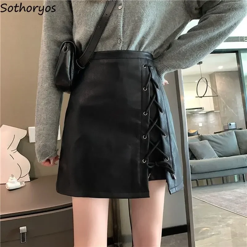 

Pu Skirts Women Side-Slit Fashion Bandage Autumn High Waist Simple Solid Casual Streetwear All-match A-line New Design Ulzzang