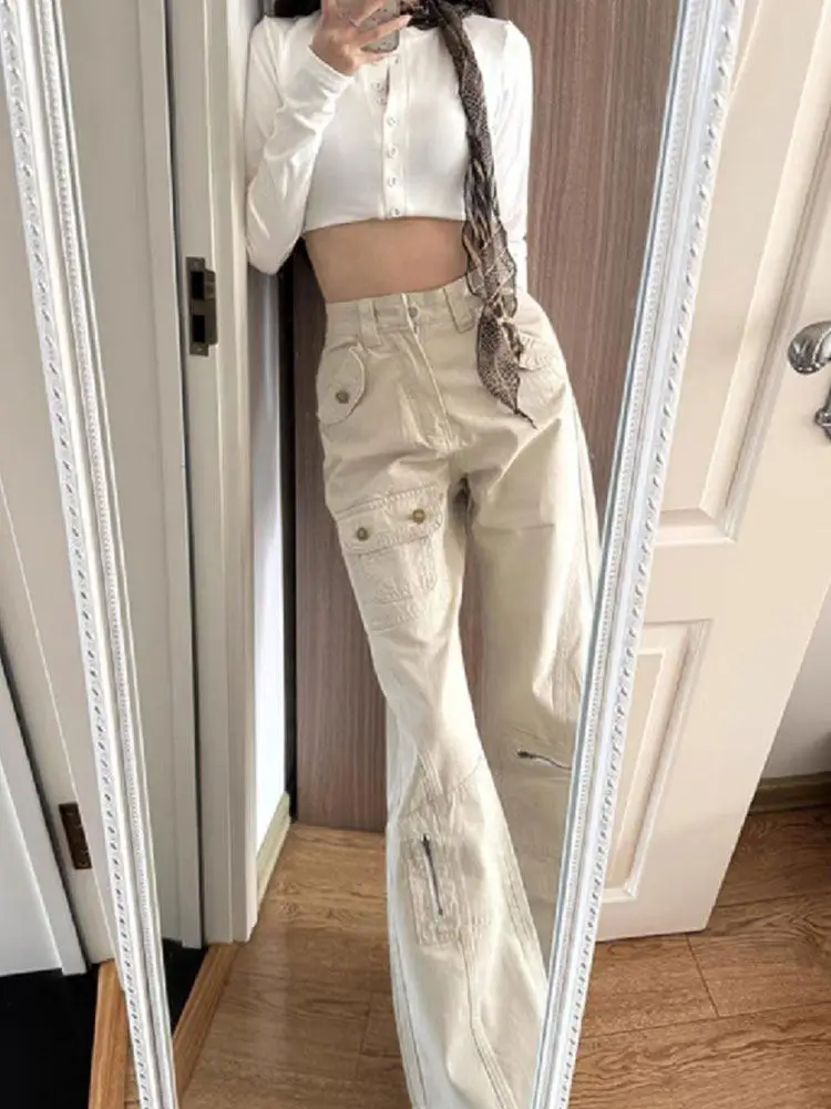 

American Style High Waist Workwear Denim Pants Women's Spring Design Multiple Pockets Straight Leg Micro Flared Wide Leg Pants