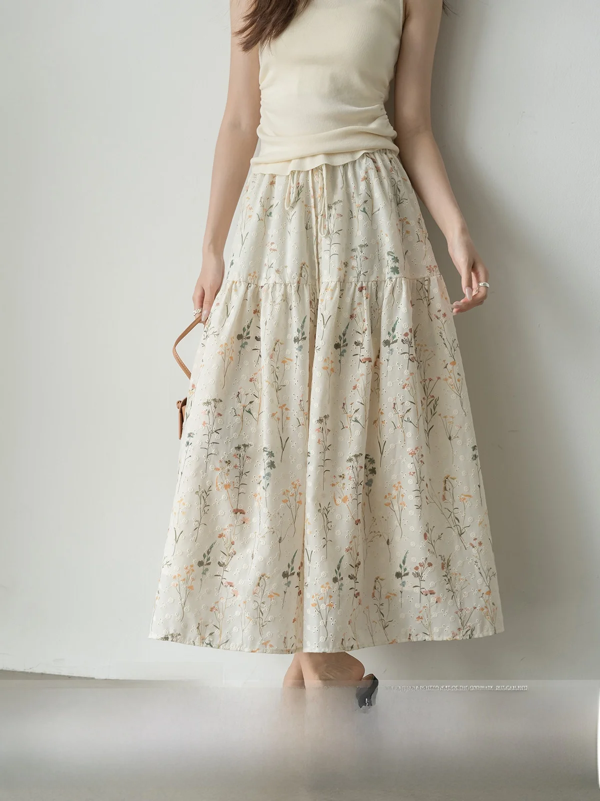 MoZao Apricot Floral Print Elastic Waist Draped f Skirt Women's A-Line Long Skirt Summer 2025 High Waist New Sle Casual ...