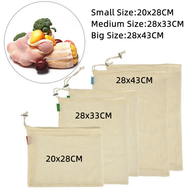 Reusable Mesh Cloth Bag for Vegetable and Fruit, Cotton Net Bag, Single Side Drawstring, Washable Cotton Rope, Produce Bags