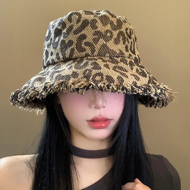 American Retro Leopard Print Burrs Bucket Hats Women Summer Versatile Big Brim Fashion Sunscreen Niche Basin Caps for Men