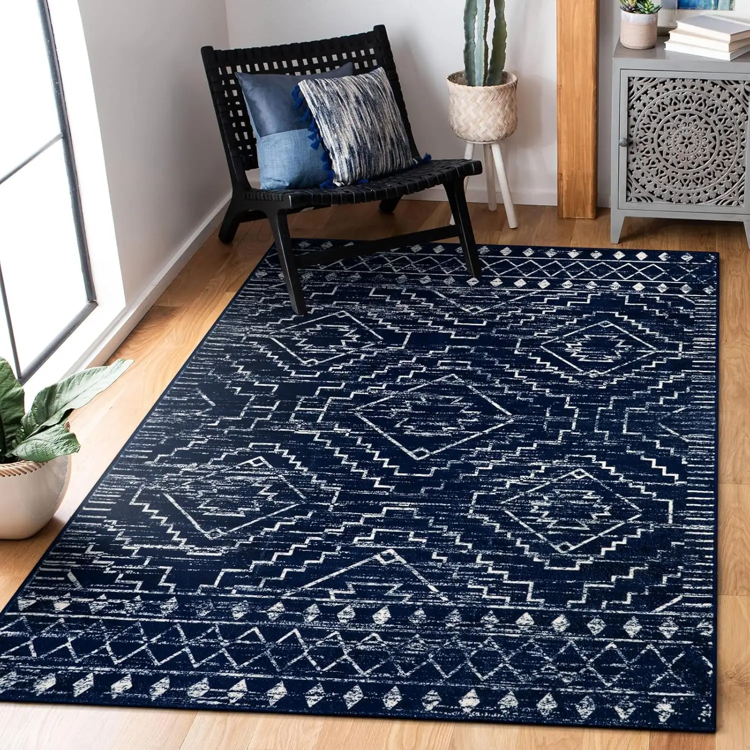

Blue 3x5 Non-Slip Washable Rug, Soft Geometric Farmhouse Entryway Bedroom Mat for Kitchen Basement