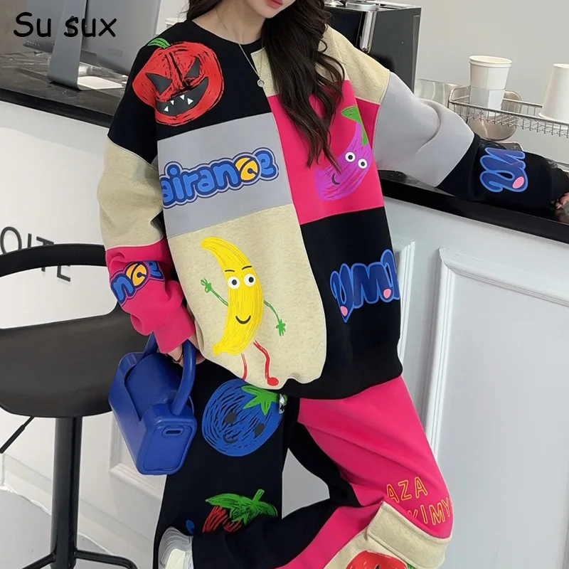 

2026 весенние комплекты брюк в стиле пэчворк с мультяшным буквенным принтом, спортивный костюм, женские повседневные комплекты из 2 предметов большого размера, японская корейская мода