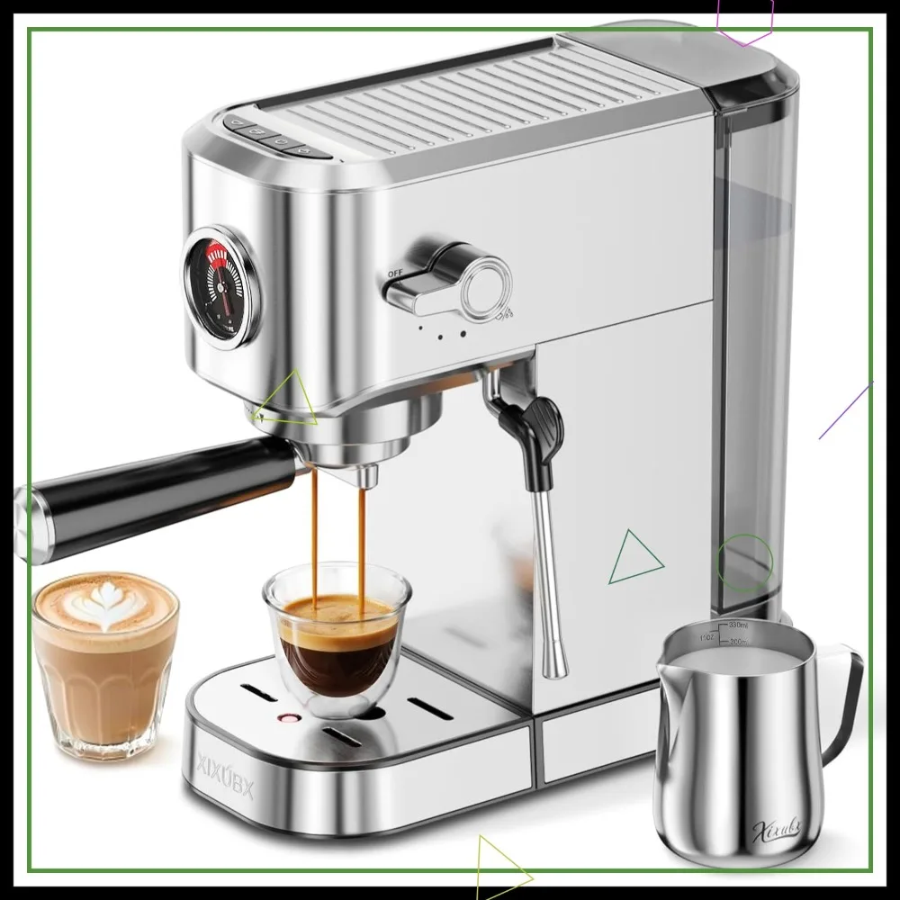 

20 Bar Espresso Machine with Milk Frother, Compact Coffee Maker for Cappuccino & Latte, 42oz Tank, Pressure Gauge, Silver