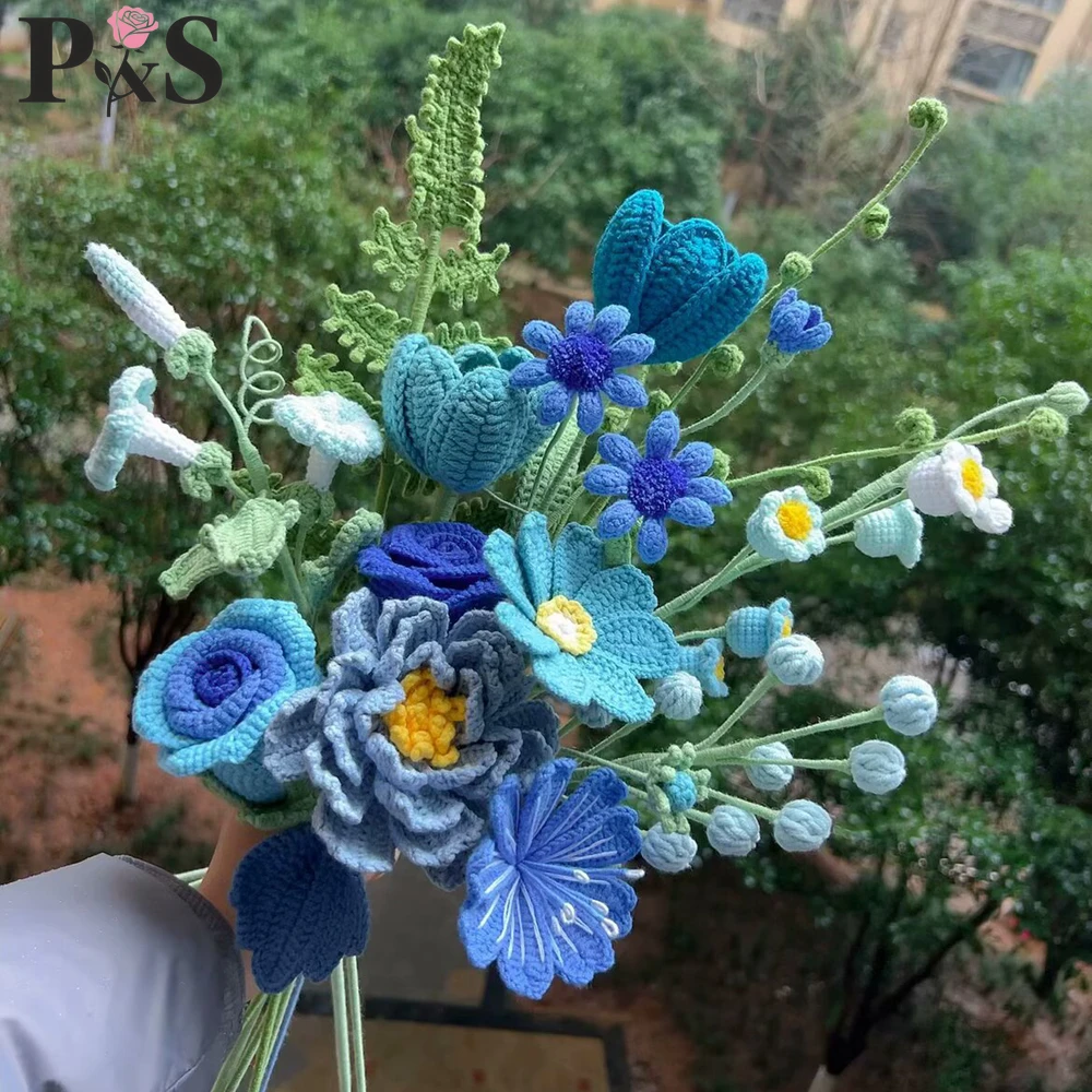

Синий вязаный крючком букет цветов ручной работы Роскошные лилии тюльпан гиацинат искусственные цветы украшения дома подарки на день матери