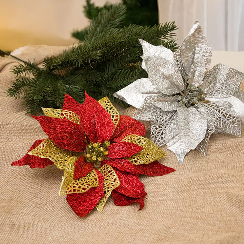 

4Pcs Christmas Simulation Leaves Premium Cloth Flower Decoration 25cm for Party Festival Home Ornaments Silver Red Gold Blue