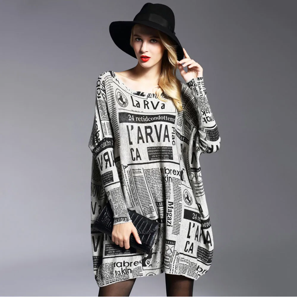 Spring And Autumn New Women's Loose Pullover Print Newspaper Casual Long Sweater Bottoming Fashion Sweater Women.