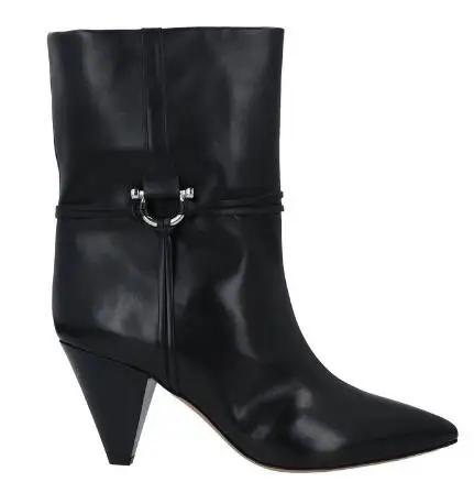 

Size 45 Autumn Women Black Gray Leather Suede Solid Metal Ring Strap Pointed Toe Spike Heels Mid-calf Boots Modern Short Booties