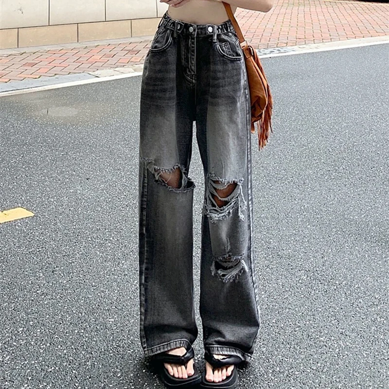 Lucyever Vintage Ripped Women Jeans Autumn New High Waist Denim Wide Leg Trousers Woman Teens Y2K Streetwear Loose Casual Pants