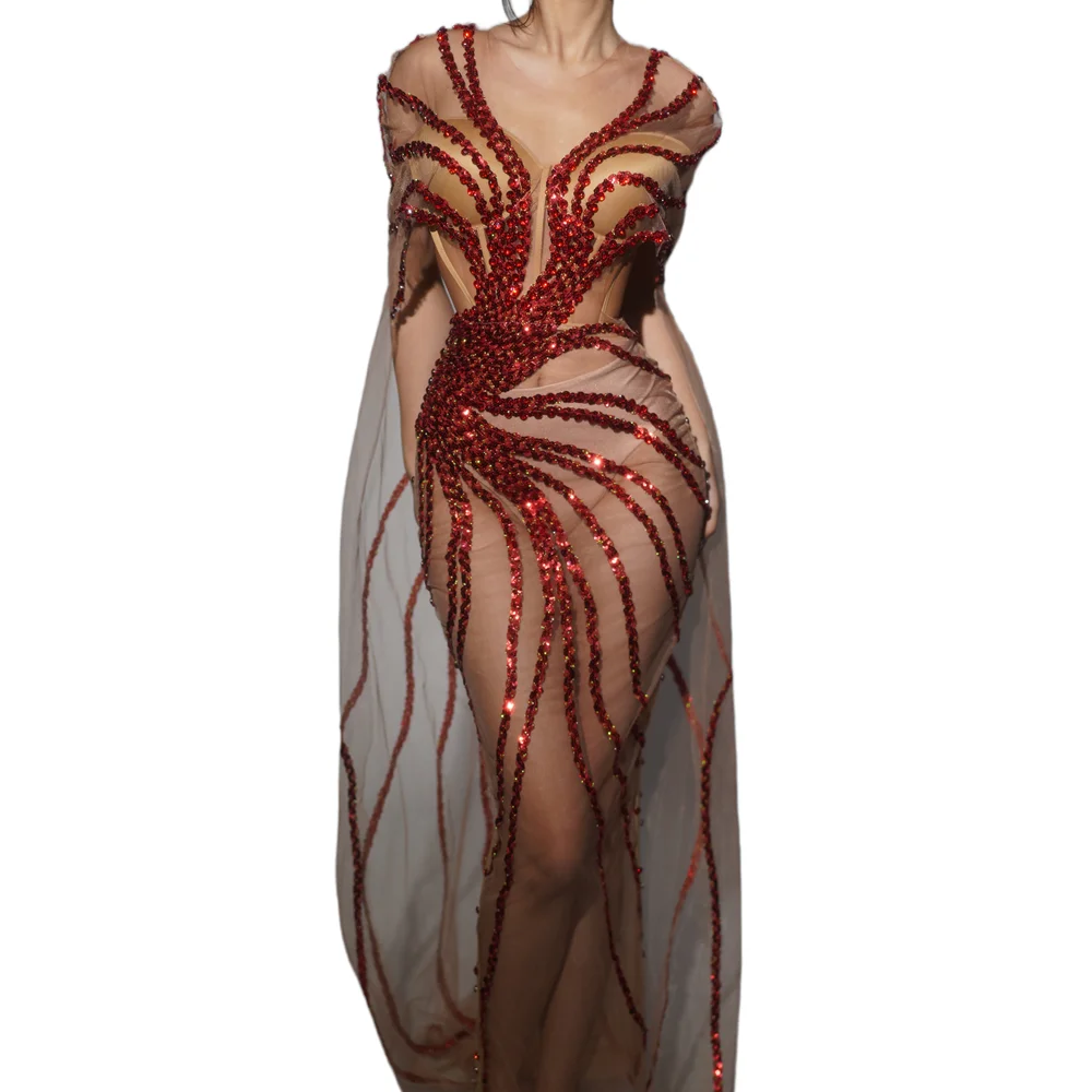 

Sexy Mesh Transparent Sequins Night Club Party Celebration Long Dress Women Costume Dinner Gown Ladies Maxi Prom Evening Dress