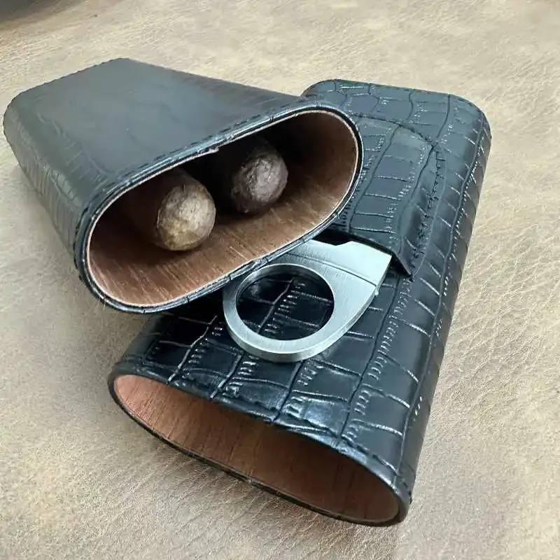 

Portable Durable Leather Case Holder 3 Cigar Case Tube Travel Brown Cigar Cedar Humidor With Cigar Cutter 118