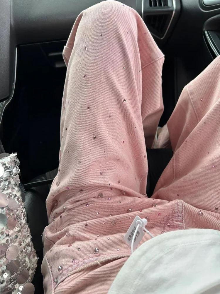 Pantaloni da donna Pantaloni strappati Rosa con strass Vita alta Tasche a gamba dritta Jeans da donna Moda retrò Casual larghi