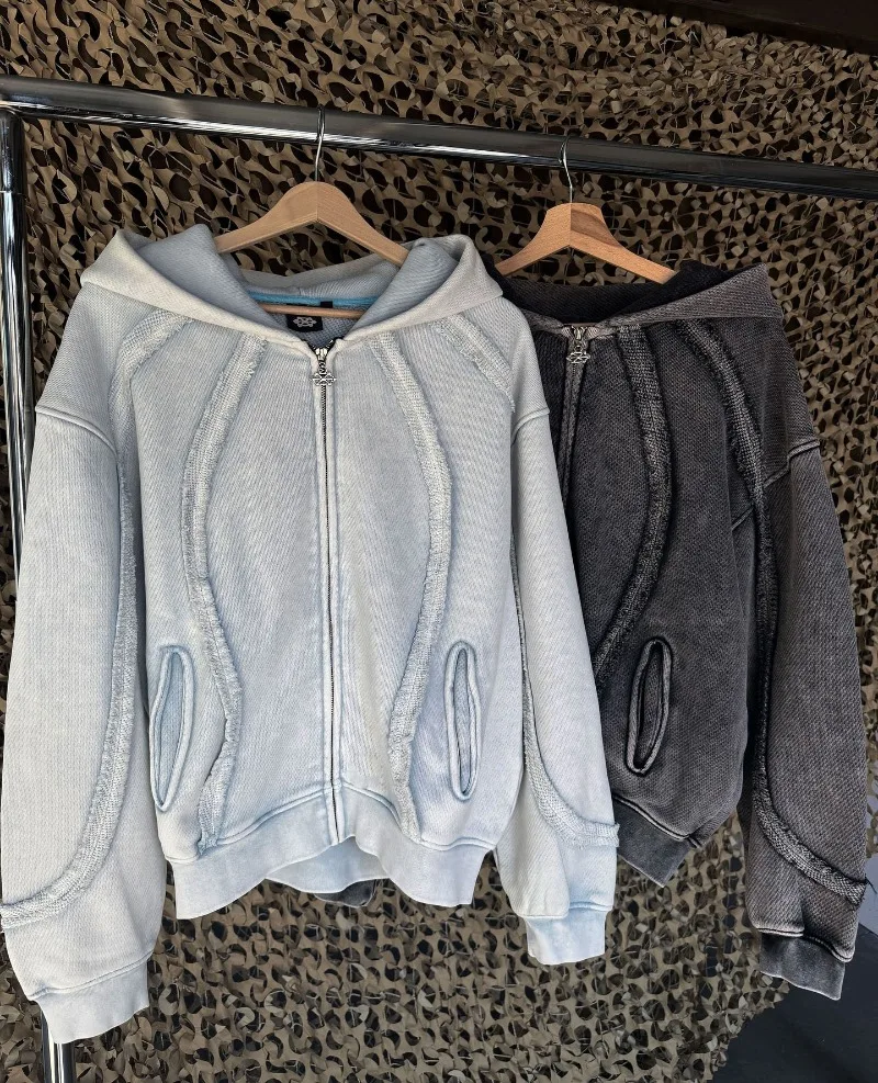 Winter Hiphop Street Jacket Retro Patchwork Hoodie Stitching Line Zipper Hoodies Men Women Harajuku Goth Hooded Sweatshirts Y2k