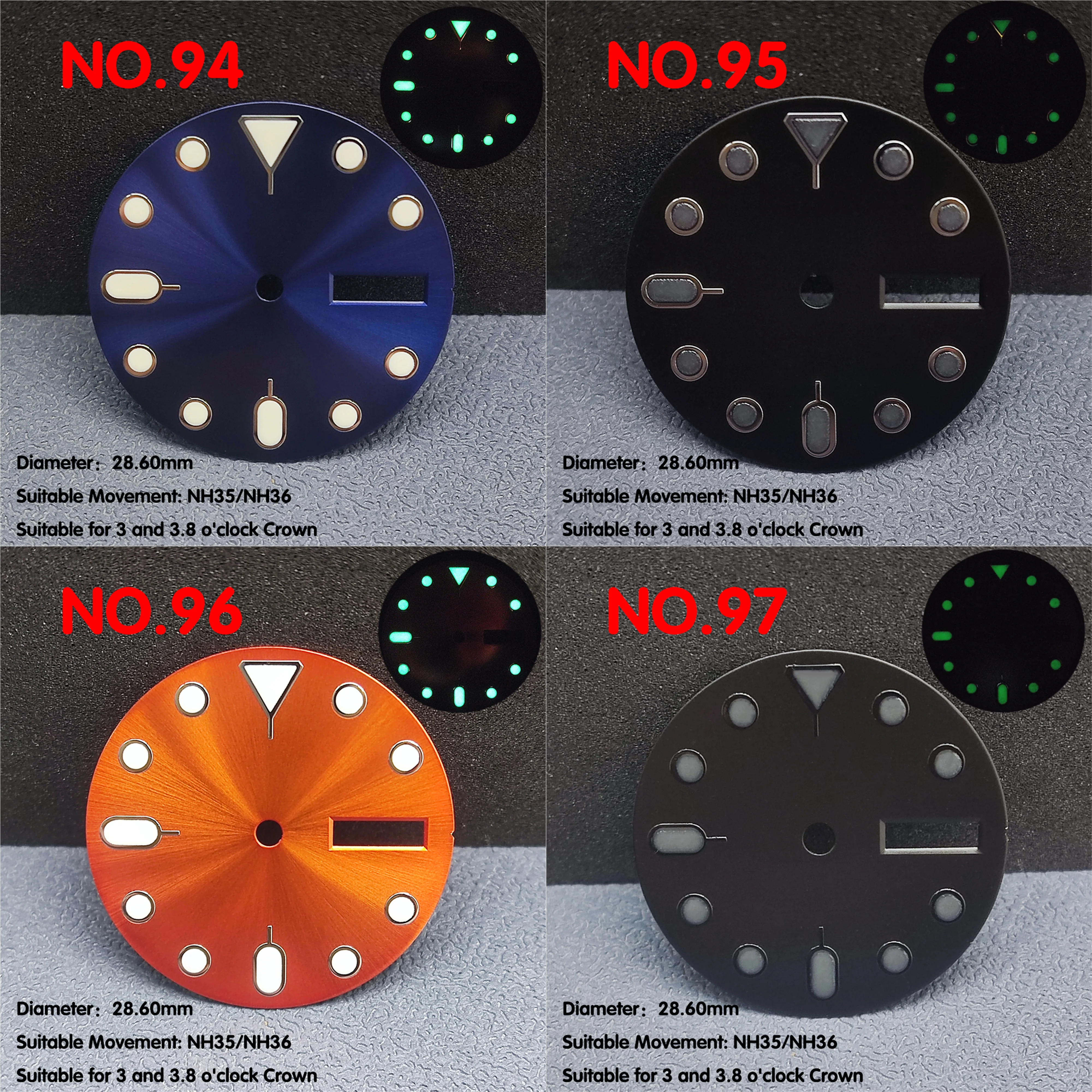 Único calendário Watch Dial adequado para NH35 NH36, relógio luminoso, ondinha de água, espelho, fosco, 28,6 milímetros