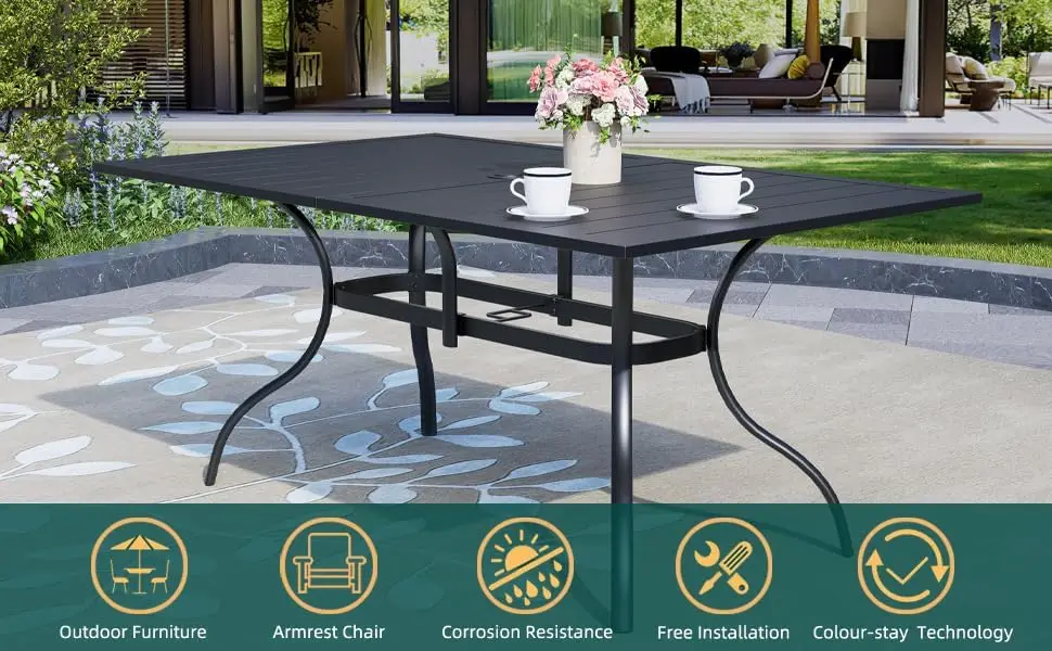 Ensemble de salle à manger de patio extérieur 7 pièces, 6 chaises de patio empilables et table à manger rectangulaire avec ensemble de meubles à cadre toutes saisons