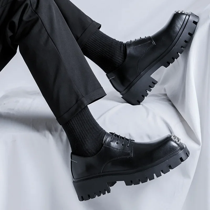 Casual Leather Shoes Men's Big Head Trendy Korean Style Thick Bottom Commuter Derby Shoes Adult Footwear Rubber Sole
