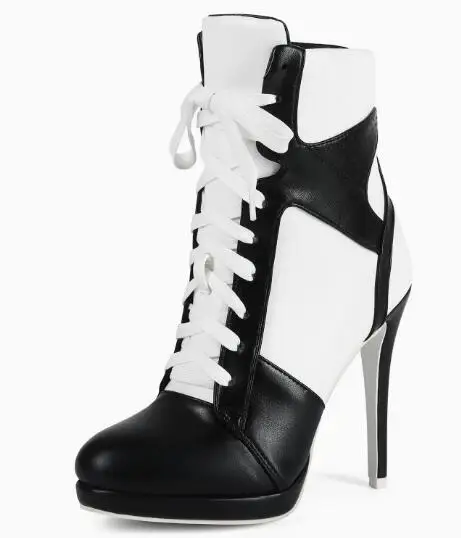 

Classic Women Autumn Black White Patchwork Leather Lace Up Front Ankle Boots Female Thin High Heel Motorcycle Short Booties Shoe