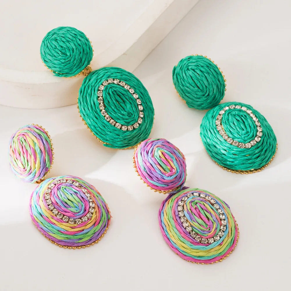 Boho Colorful Braided Raffia Round Crystals Drop Earrings for Women New Party Fuchsia Accessories