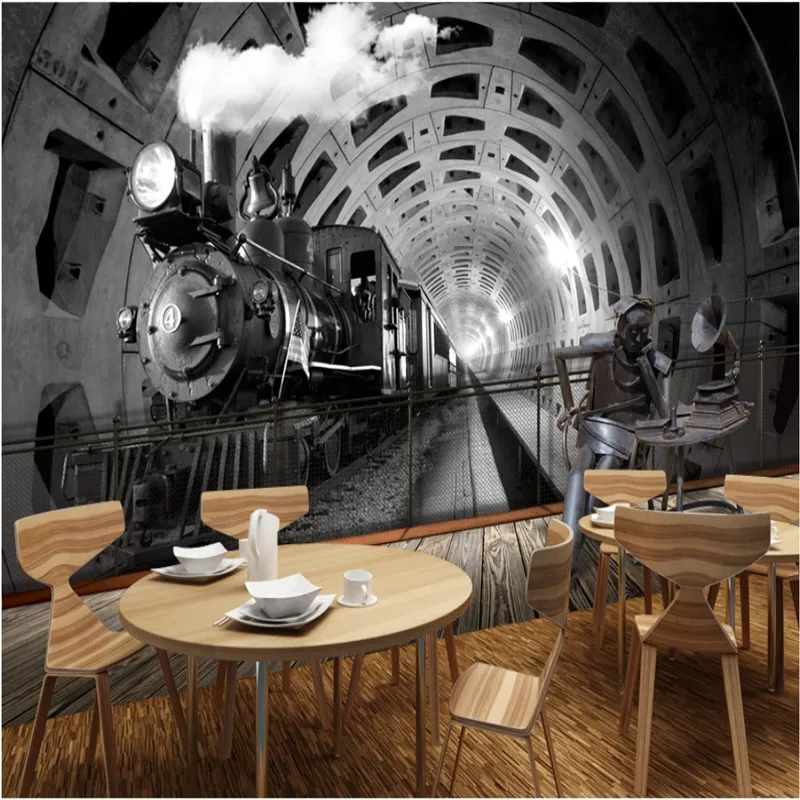 

European Retro Nostalgic Tunnel Train Gray Background Mural Wallpaper 3D Restaurant Cafe Bar KTV Wall Paper Papel De Parede 3D