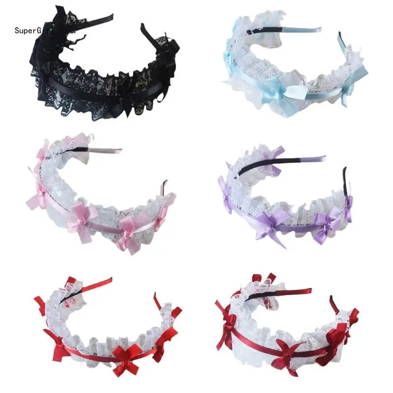 Girl Ruffle Lace Headband with Ribbon Bowknot Hair Hoop Gorgeous Sweet Headdress Anime Cosplay Accessorie