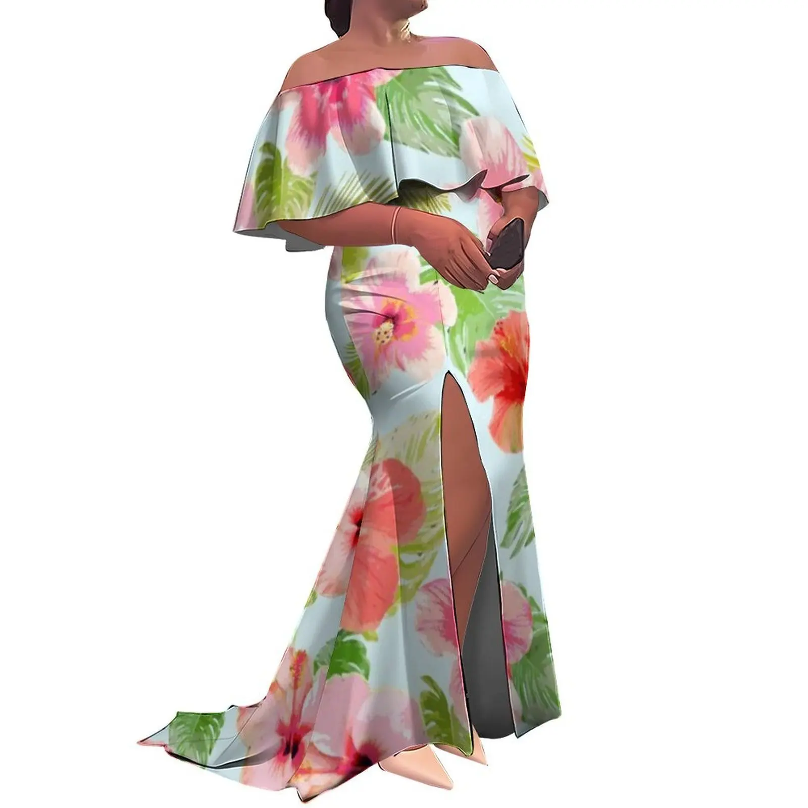 

Летнее женское платье на заказ, длинное платье длиной до пола с разрезом, облегающее фигуру, ретро-платье с цветком гибискуса, полинезийское вечернее платье