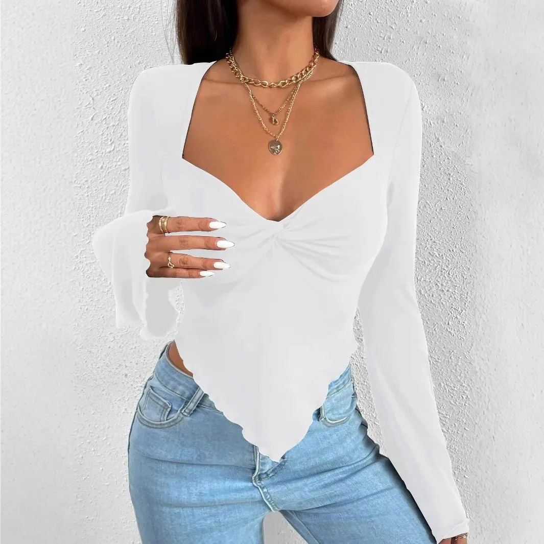 

Waist-cinched Asymmetric Lengthened Casual Summer Holiday Top Long Sleeve Knitted T-Shirt Women's V-neck Bell Sleeve