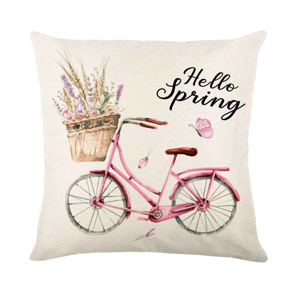 Lavender Printed Cushion Cover Simple Flowers Bicycle Pattern Plaid Pillow Covers 18x18 Inches Home Decor Linen Throw Pillowcase