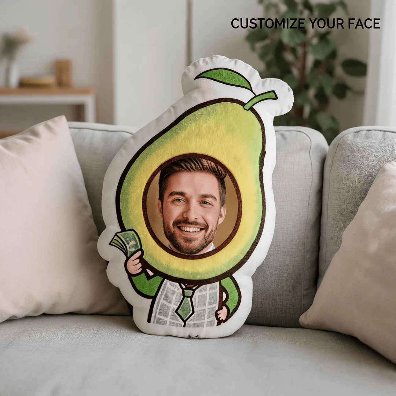 Custom Face Avocado Shaped Pillow, Funny Personalized Photo Decorative Cushion with Smiling for Man Portrait, Unique Home Decor