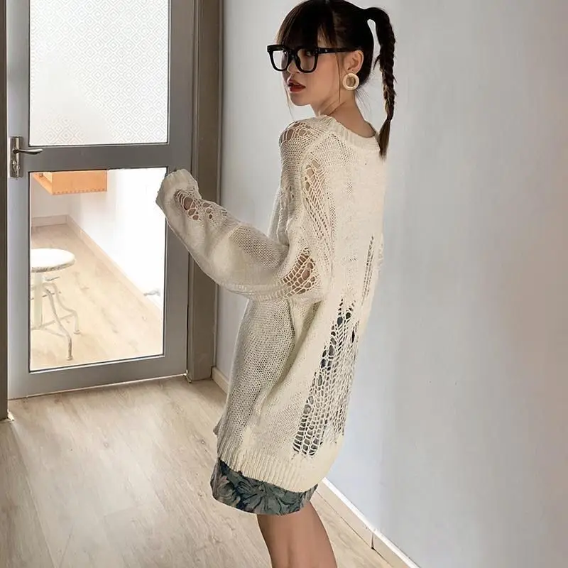 

2023 New Summer Korean Style Women Loose Casual O-neck Long Sleeve Sweater Fashion Hollow Out Design Knitted Sweaters D280