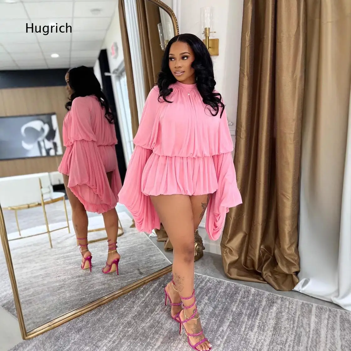 Damen-Minikleid mit langen Ärmeln, Rüschen, gestuft, einfarbig, Laternenärmel, V-Ausschnitt, lässig, Party, Clubwear, Sommermode-Outfit