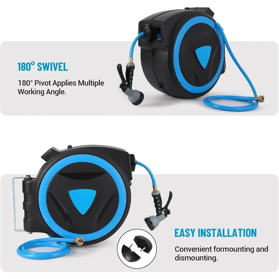 بكرة خرطوم حديقة قابلة للسحب 5 8 × 90 قدم مثبتة على الحائط مع دعامة دوارة 180 وفوهة 9 أنماط لسقي خارجي فعال