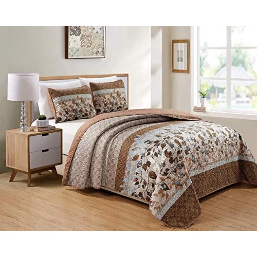 

Luxury Home Collection Quilted Reversible Coverlet Bedspread Set Floral Printed Leaves Taupe Beige Brown Light Blue Rust King/C
