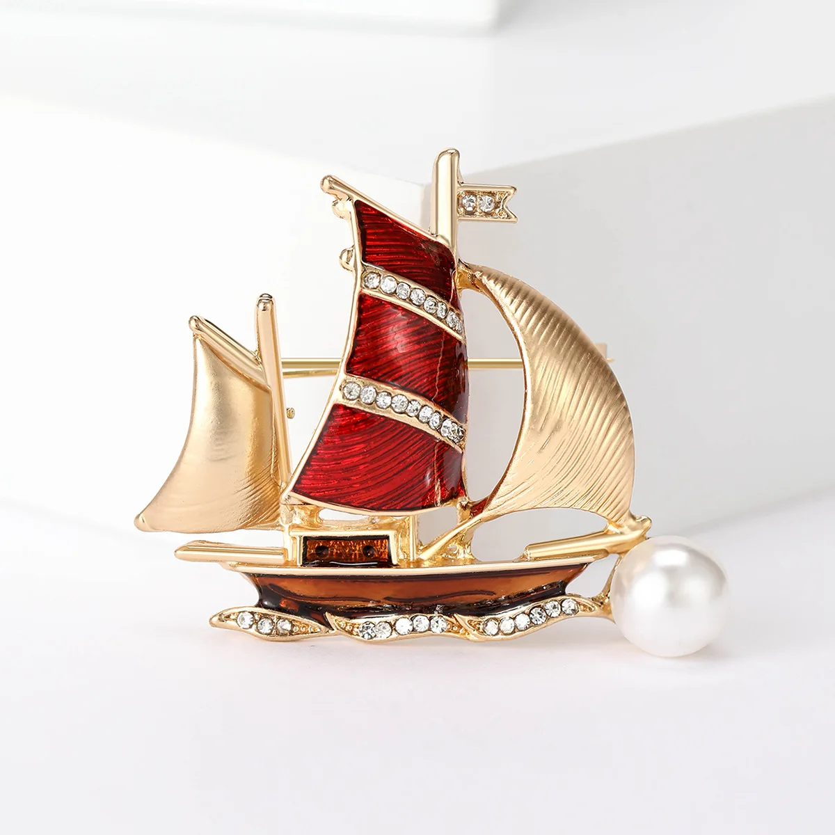 Exquisite Alloy Rhinestone Blue Sailboat Brooches For Women Men Elegant Luxury Pearl Boat Brooch Pins Office Party Jewelry Gifts image 2