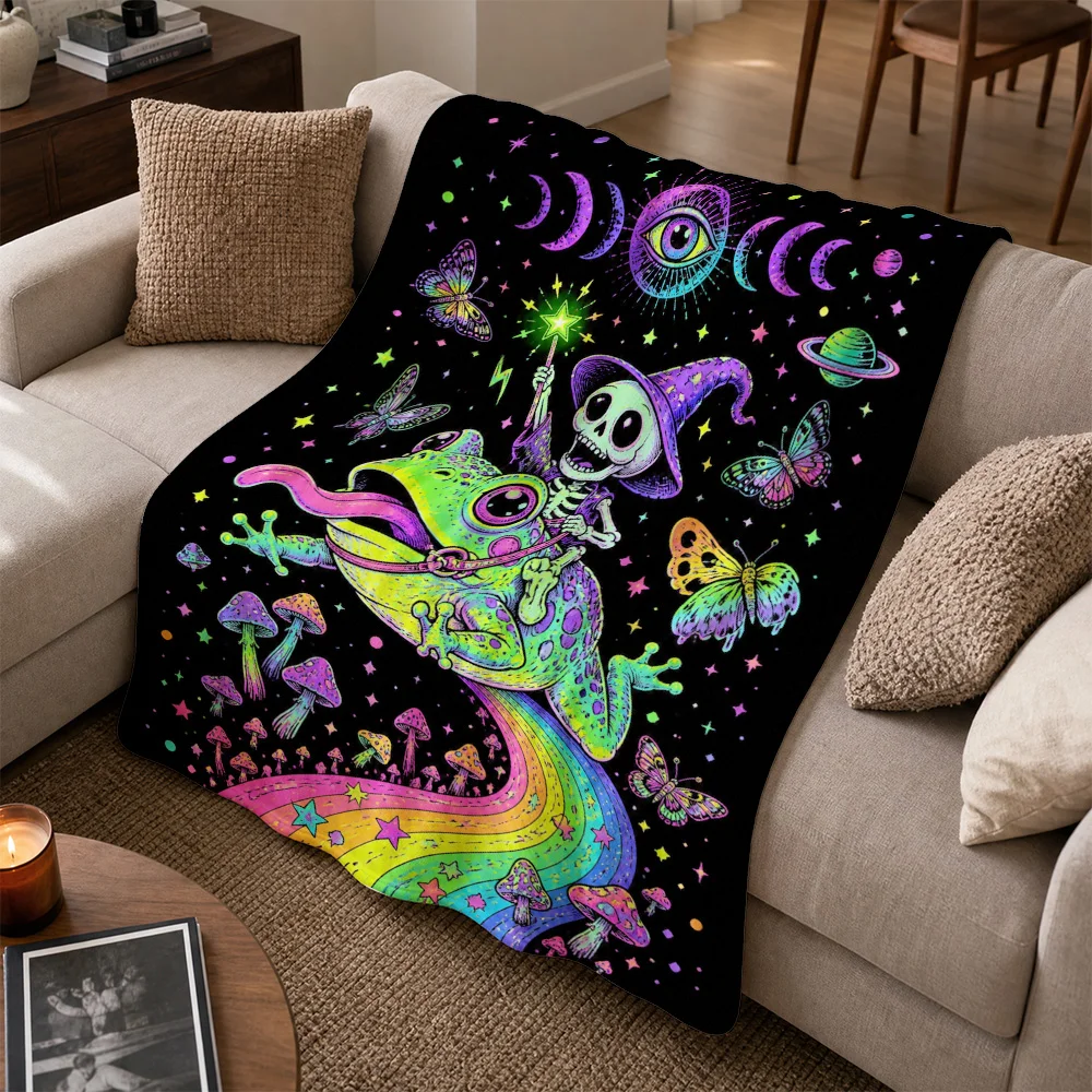 Cozy Psychedelic Rainbow Frog Witch Cosmic Star Throw Blanket for Couch Decor Bohemian Halloween Gift Ideas