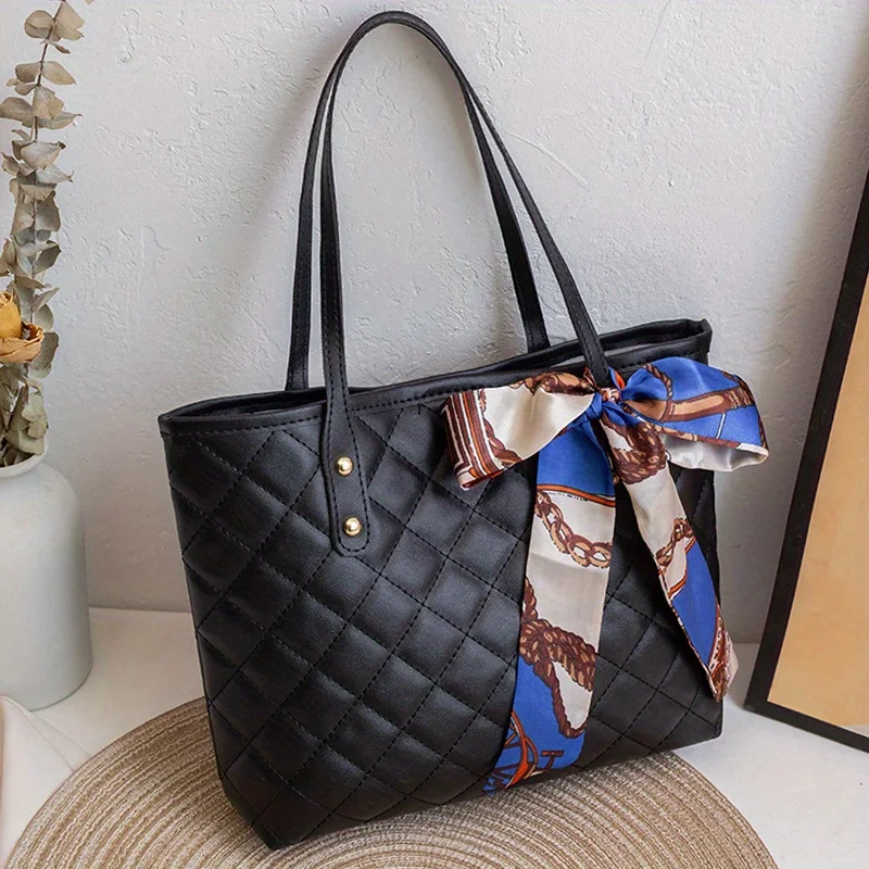 

Large Capacity Diamond Grid Leather Tote Bag, Simple and Versatile Shoulder Bag Silk Scarf Decoration, Suitable for Commuting